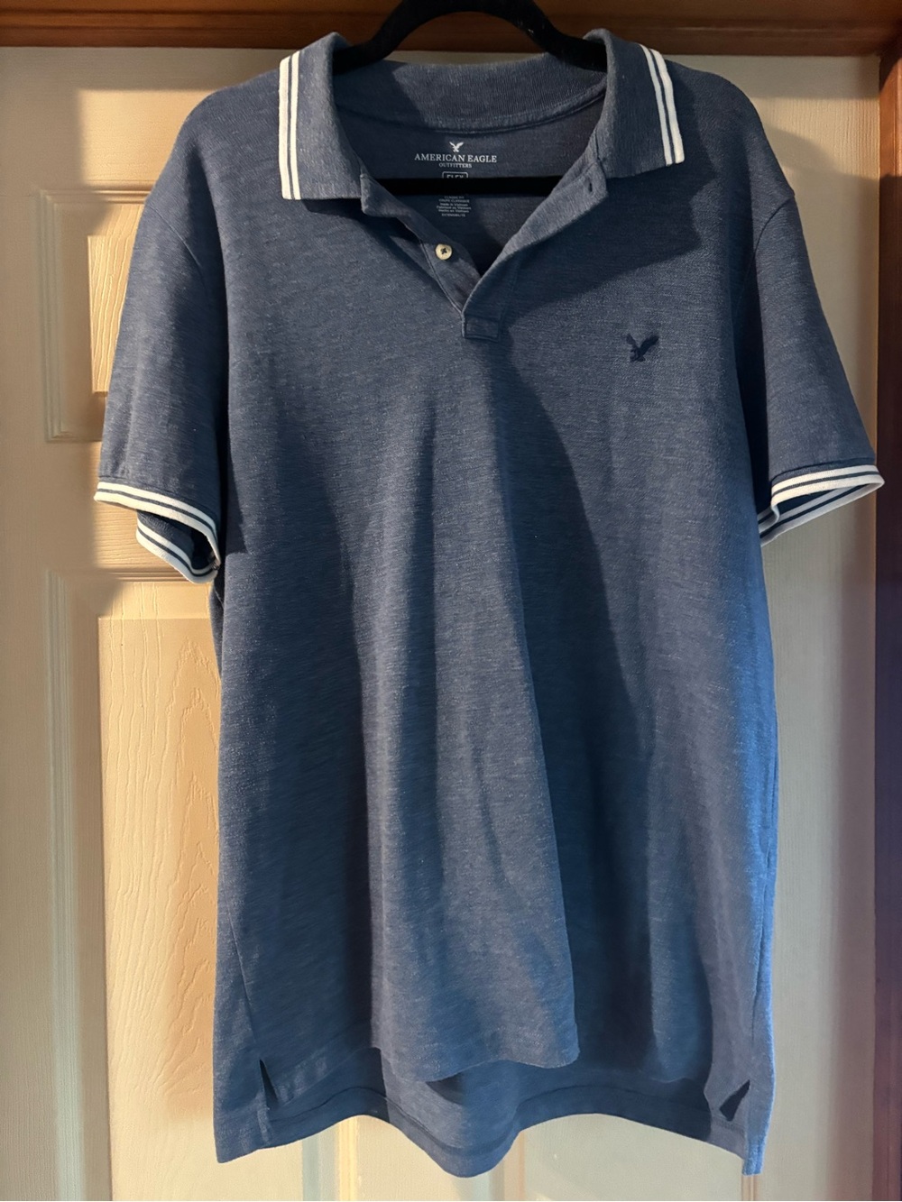 American Eagle Outfitters Men's Blue Polo Shirt with Striped Trim